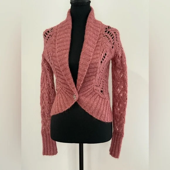 Ann Taylor Loft XS Elegant Wool Blend Knit Pink Cardigan Jewel Accent 875 - Picture 3 of 9